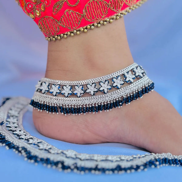 Silver-Toned Wide Band Flower Anklet with Fringe